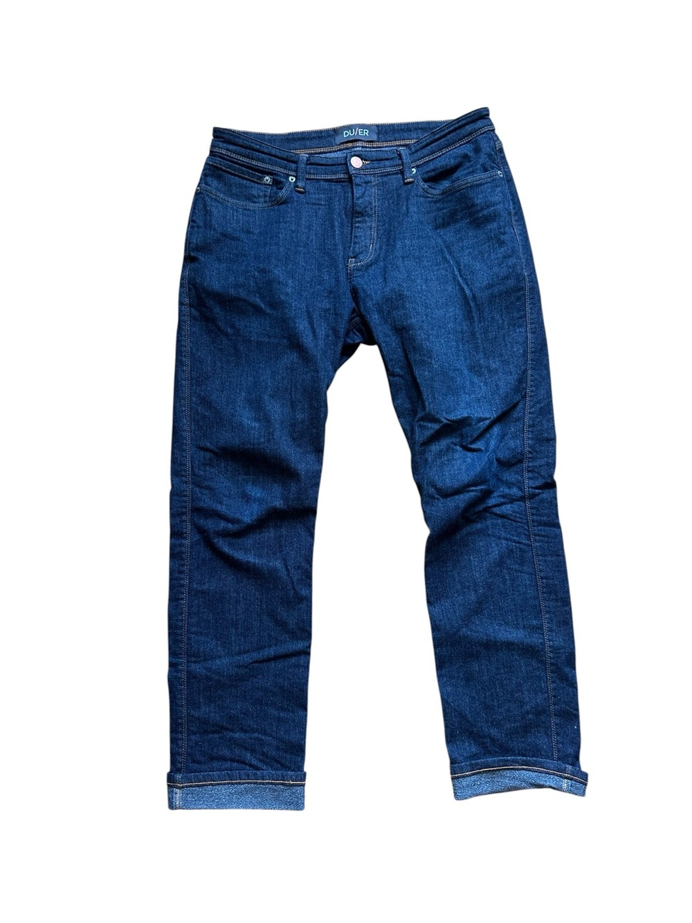 DU/ER L2X Relaxed Taper Jeans Mens 34x32 Dark Indigo Stretch Performance